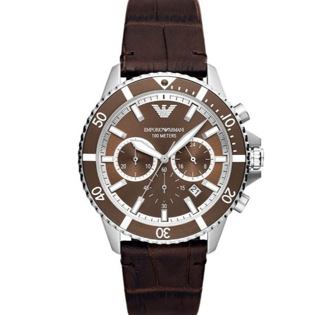 Emporio Armani Diver Chronograph Brown Dial Brown Leather Strap Watch For Men - AR11486 - Image 10